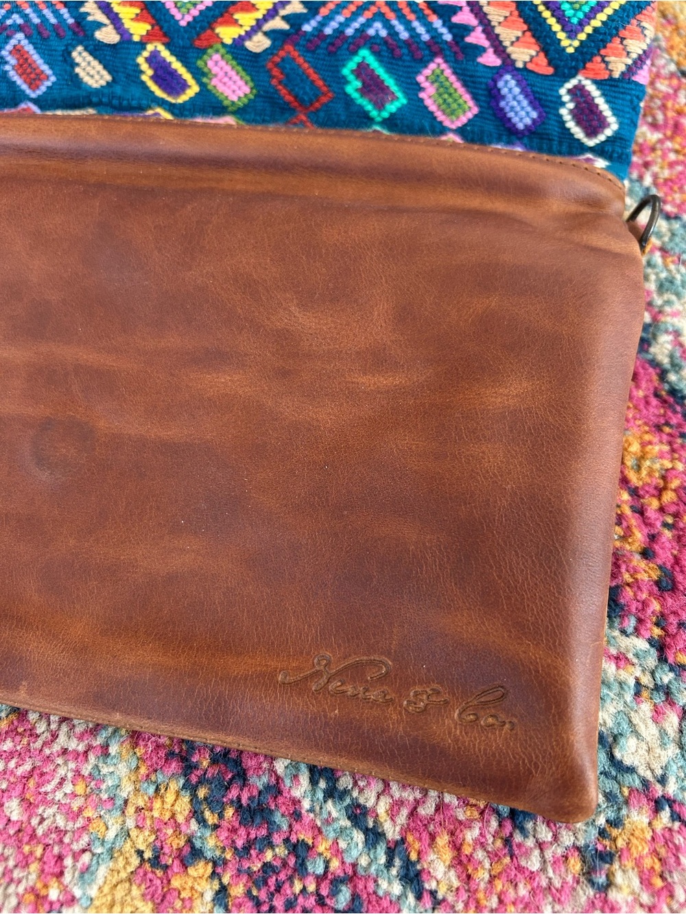 Guatemalan Artisan | Women’s Multicolor Canvas/Leather Boho Embroidered Clutch - Picture 9 of 14